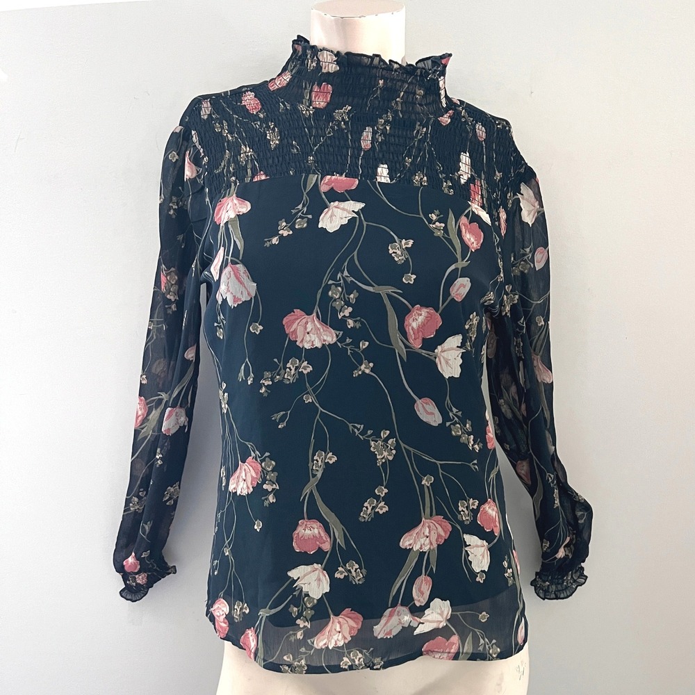 Francescas Mi Ami Floral Smocked Blouse Top XS Boho Fairy Bloomcore Career Sheer